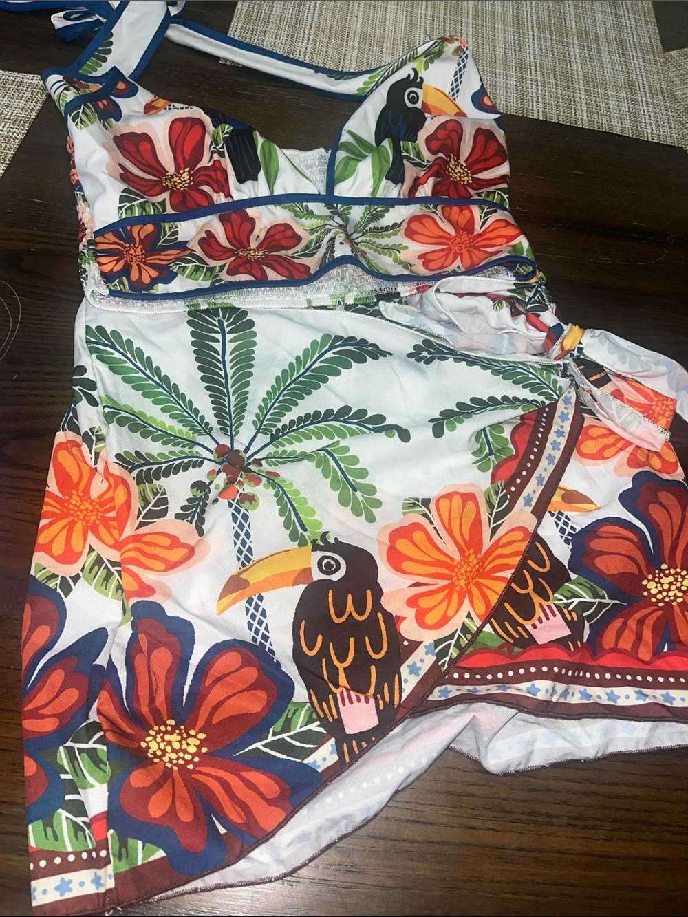 SHEIN Tropical Floral Toucan Wrap Jumpsuit - White, Orange, Green, Navy
